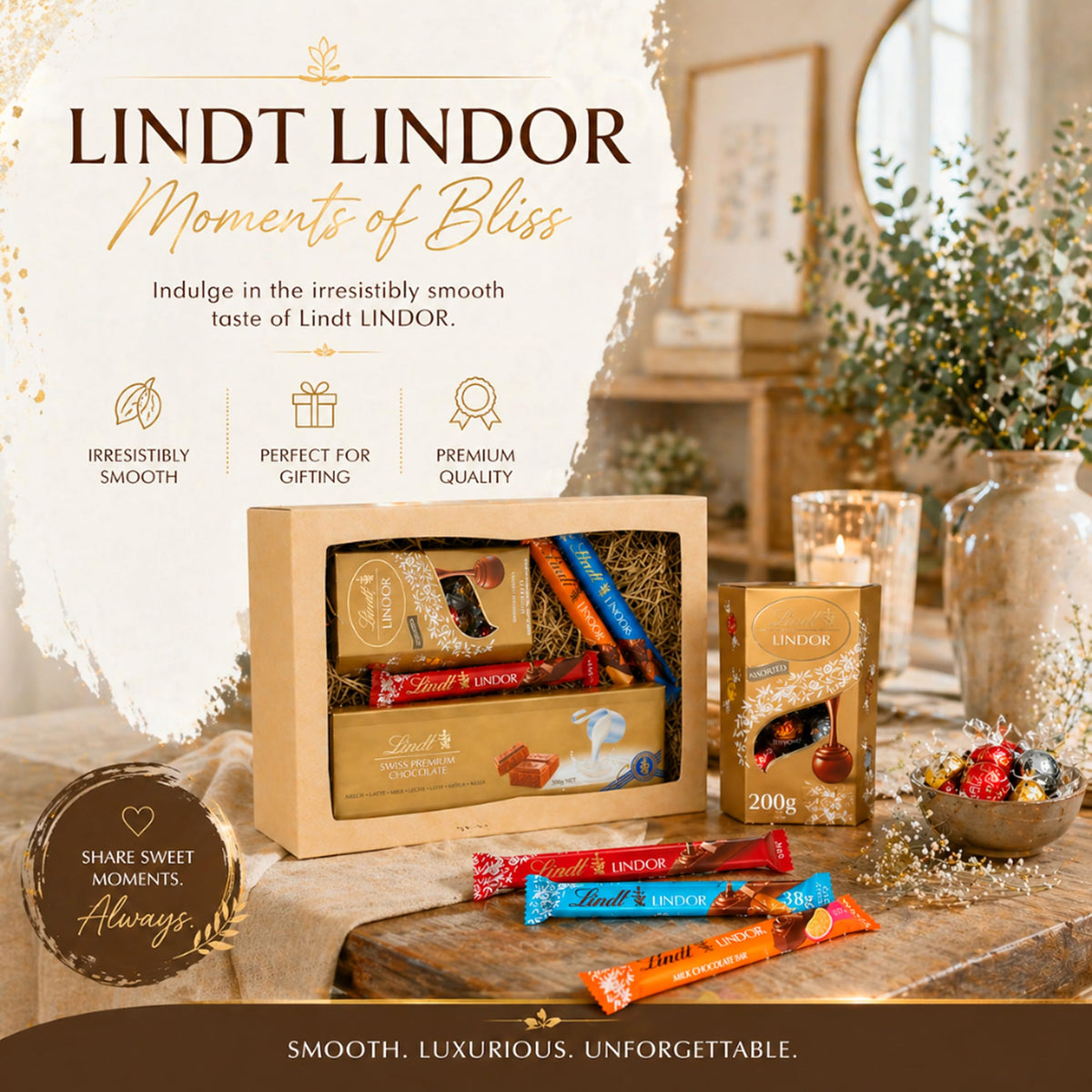 Lindt Chocolates Hamper - Chocolate Bars 4 x 38g, Assorted Truffles 200g & & Swiss Milk Chocolate 300g
