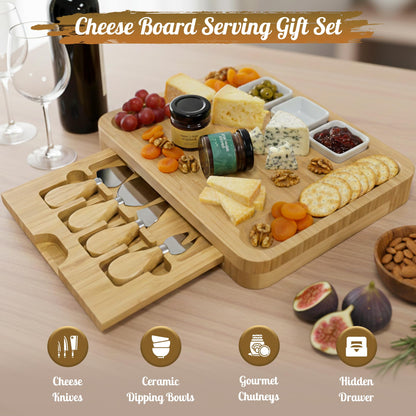 Cheese Board Serving Gift Set with Chilli Lime 38g & Apple Mango 38g Chutneys, Cheeseboard & Dipping Bowls
