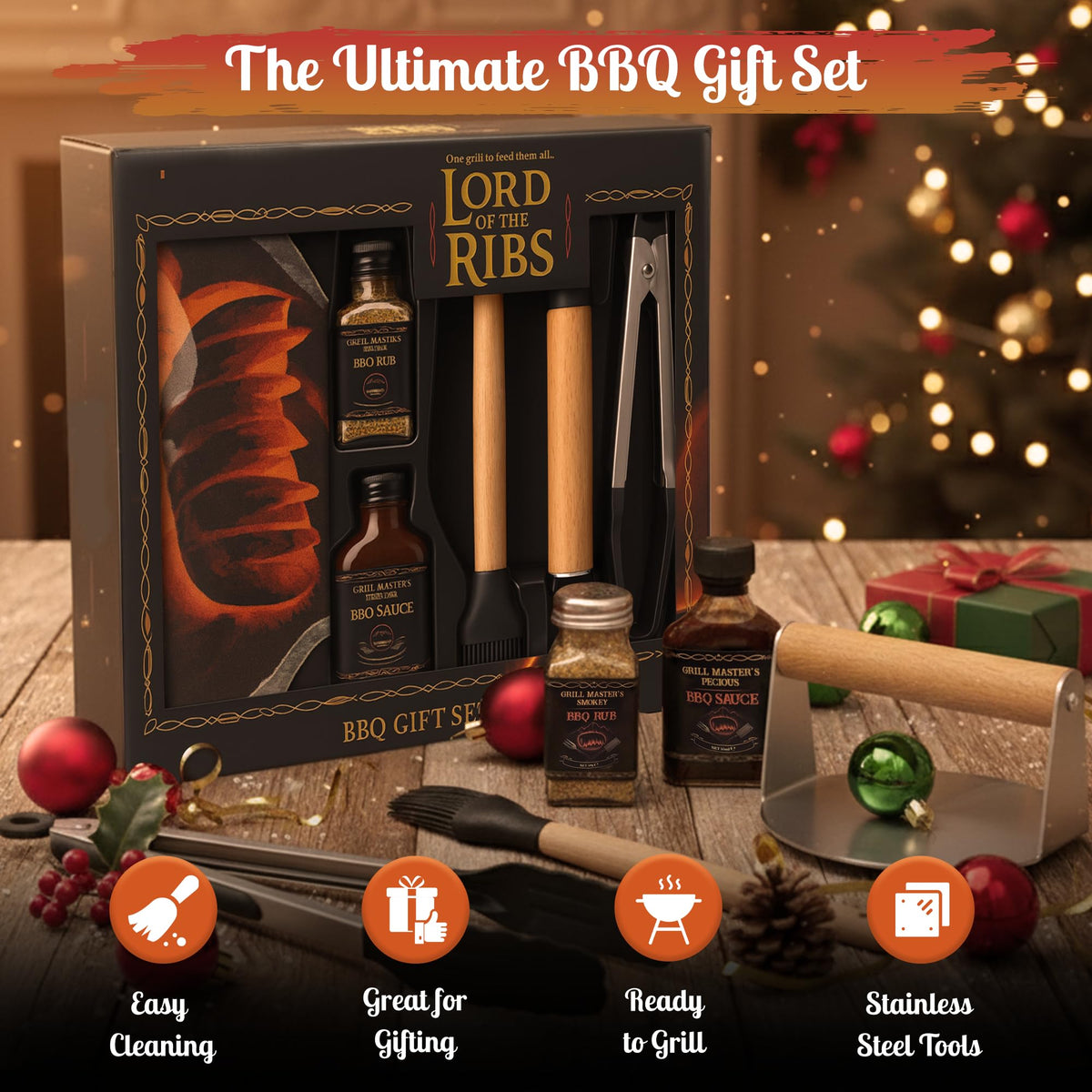 Lord of the Ribs BBQ Gift Set - Premium Grill Tools, Rub & Sauce Set with Apron