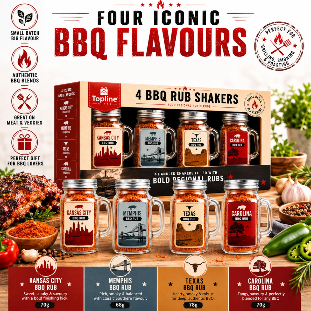 BBQ Rub Gift Set for Mens Gifts - 4 Premium American Style BBQ Seasonings with Glass Shakers