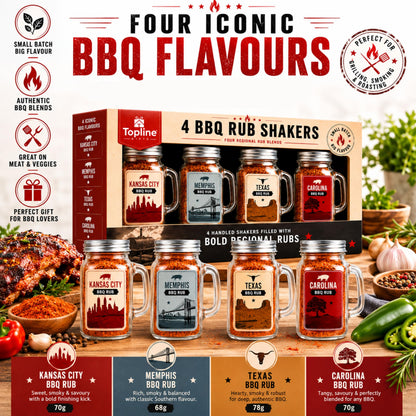 BBQ Rub Gift Set for Mens Gifts - 4 Premium American Style BBQ Seasonings with Glass Shakers