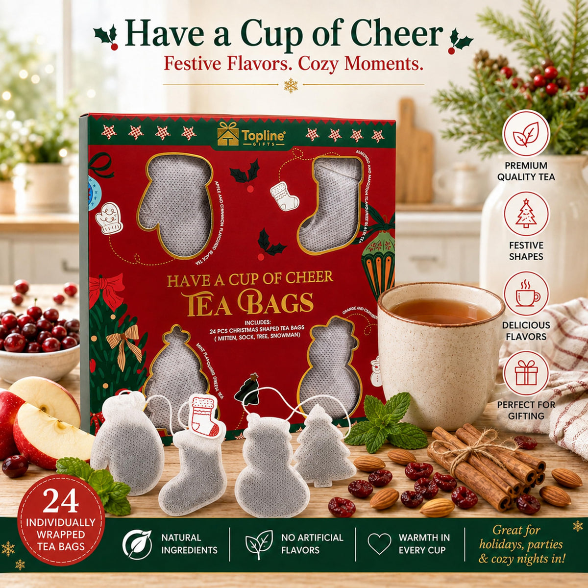 Christmas Tea Selection Gift Box – 24 Tea Bags Flavoured Tea Selection of Herbals & Fruits