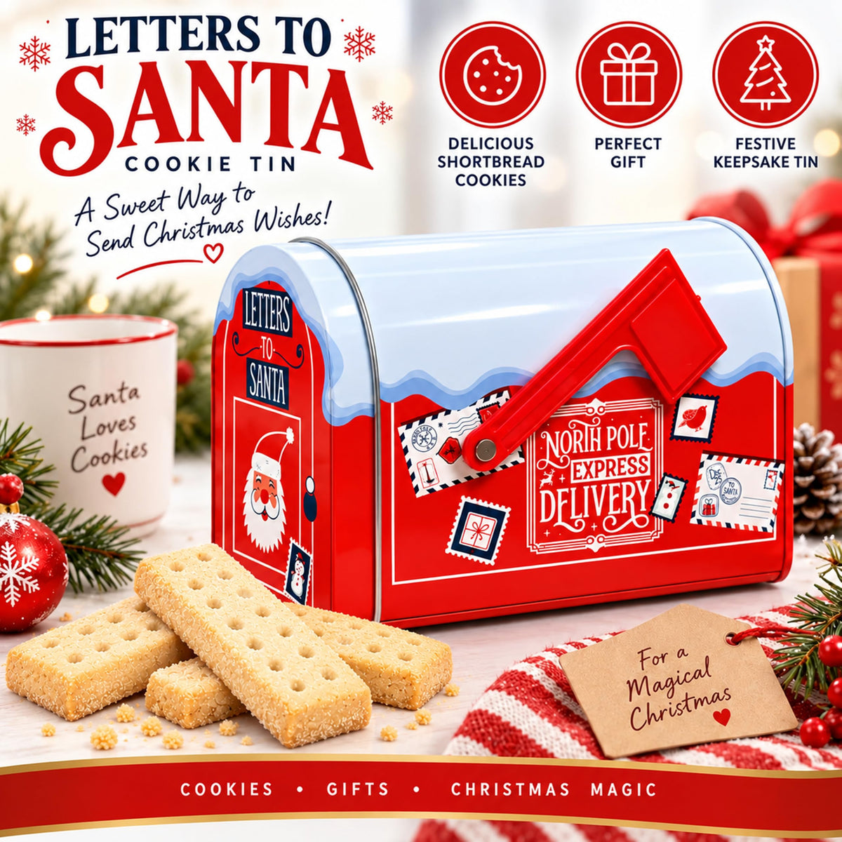 Christmas Post Box Biscuit Tin - Pole Express Delivery Mailbox Tin Filled with Shortbread Fingers 200g