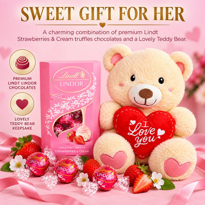 Lindt Chocolates & Teddy Hamper - Strawberry & Cream Truffles 200g + Teddy Bear