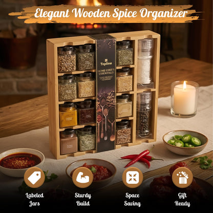 Bamboo Spice Rack Organizer with Glass Jars, Grinders & Spices Included