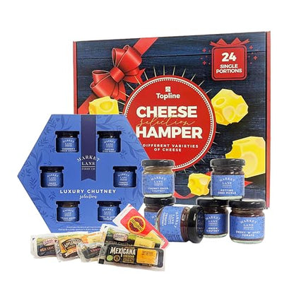 TOPLINE Luxury Cheese Selection of 6 Different Cheese Board Varieties & 6 Chutney's Gift Set for Him and Her | 24 Ilchester Cheese Individually Wrapped Portions & Hampton's Chutneys Cheese Hamper