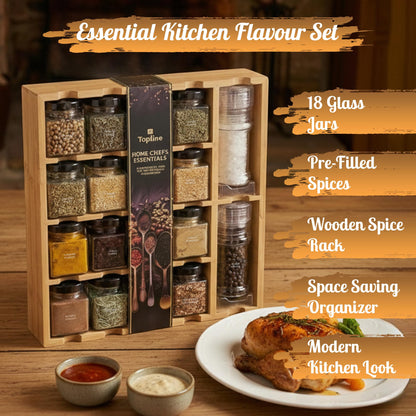 Bamboo Spice Rack Organizer with Glass Jars, Grinders & Spices Included