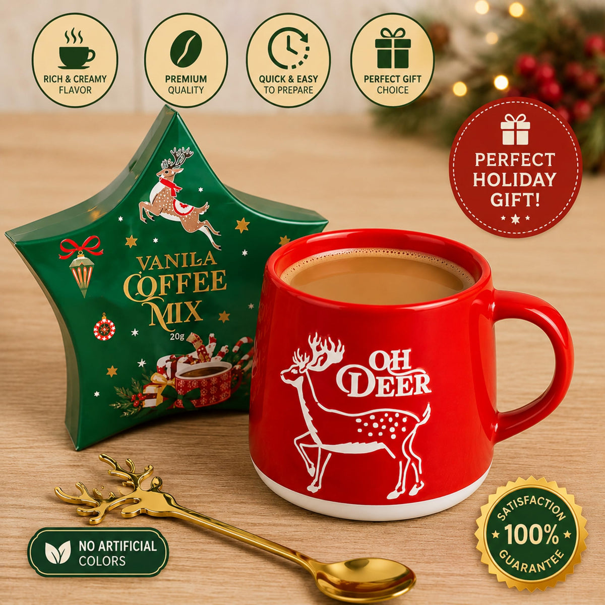 Coffee & Mug Gift Set for Christmas - Ceramic Red Reindeer Mug, Vanilla Coffee Mix 20g & Golden Spoon