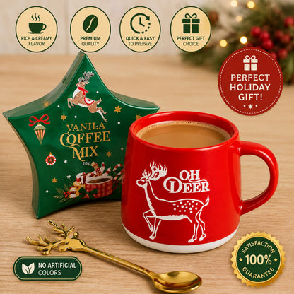 Coffee & Mug Gift Set for Christmas - Ceramic Red Reindeer Mug, Vanilla Coffee Mix 20g & Golden Spoon