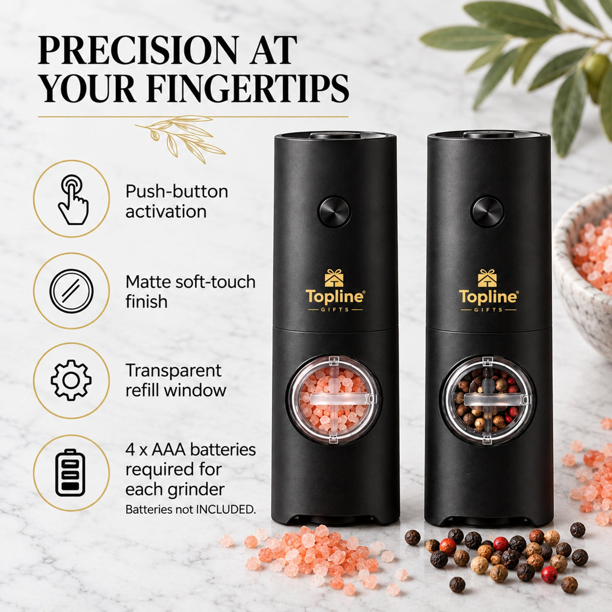 Kitchen Essentials Gift Set for Gifts – Reusable Electric Salt & Pepper Grinders with Sea Salt & Black Pepper, Glass Olive Oil Spray Bottle