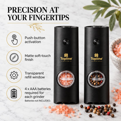 Kitchen Essentials Gift Set for Gifts – Reusable Electric Salt & Pepper Grinders with Sea Salt & Black Pepper, Glass Olive Oil Spray Bottle