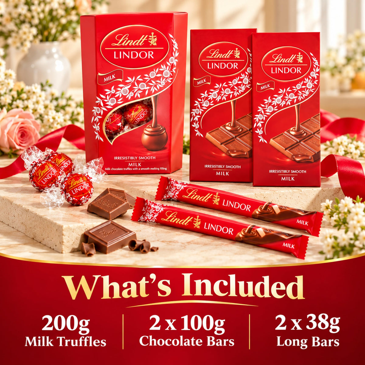 Lindt Milk Chocolate Hamper for Birthday Gifts - Assortment of 200g Smooth Truffles, 2 x 100g Chocolate Bars & 2 x 38g Treat Bars