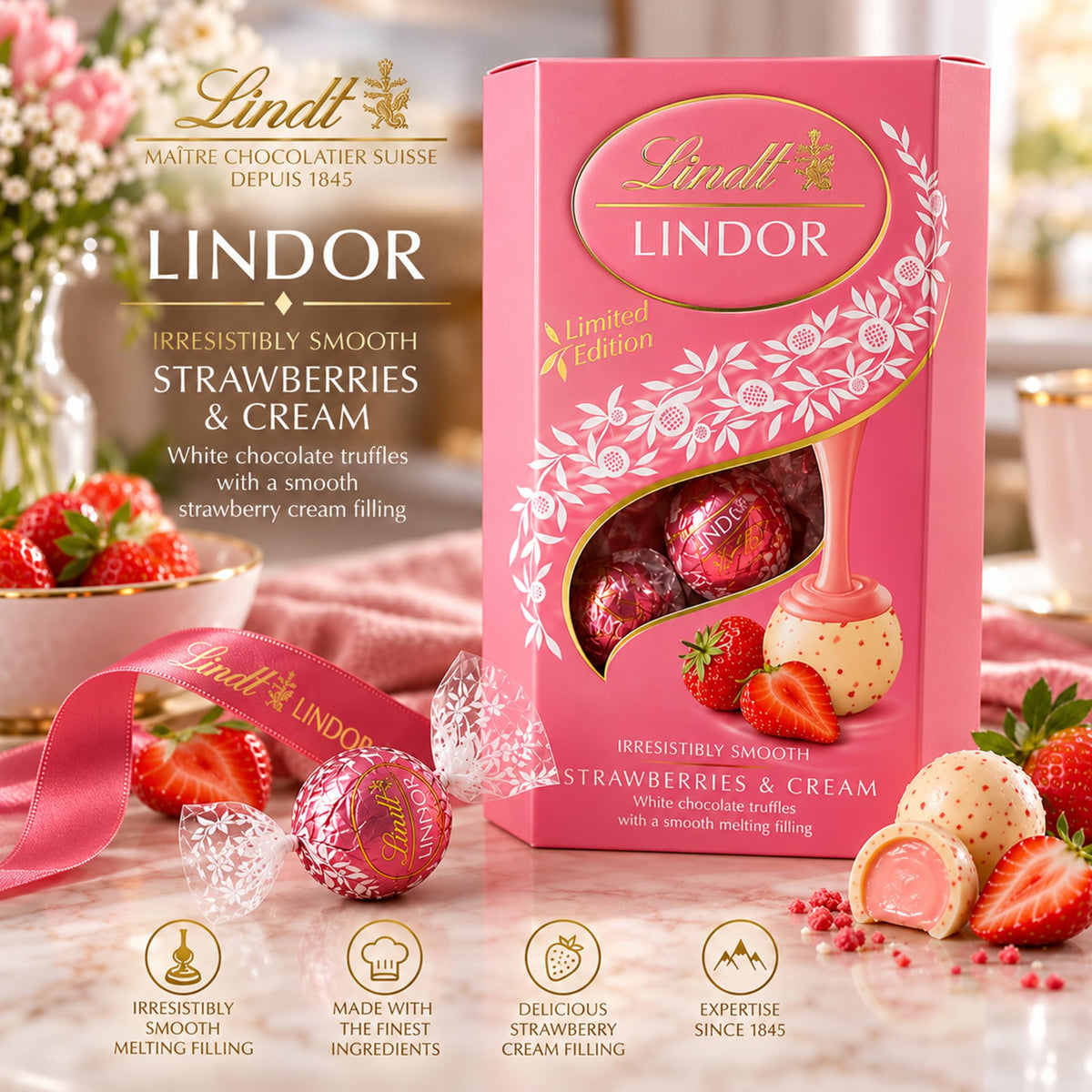Lindt Chocolates & Teddy Hamper - Strawberry & Cream Truffles 200g + Teddy Bear