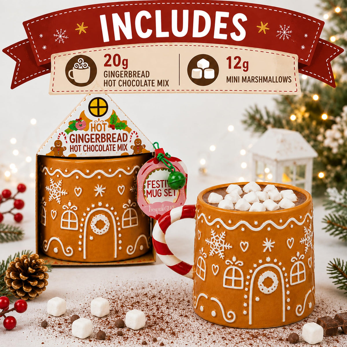 Gingerbread House Mug Hot Chocolate & Marshmallows Gift Set - Mug with 20g Cocoa Drink Mix & 12g Marshmallows