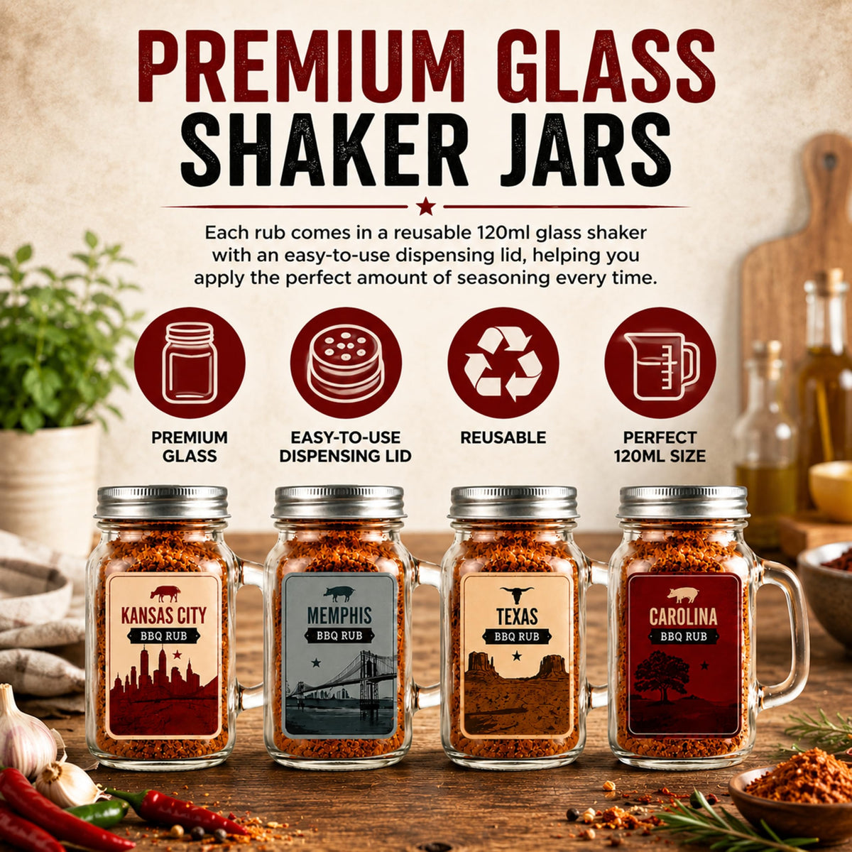 BBQ Rub Gift Set for Mens Gifts - 4 Premium American Style BBQ Seasonings with Glass Shakers