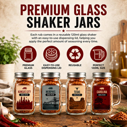 BBQ Rub Gift Set for Mens Gifts - 4 Premium American Style BBQ Seasonings with Glass Shakers