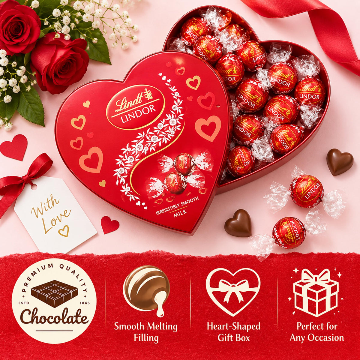 Lindt Chocolates & Teddy Hamper - Choc Heart Box with Truffles 200g + Teddy Bear