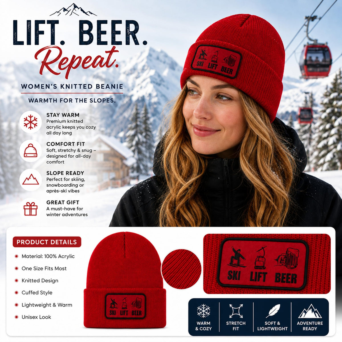 Topline Cozy Skiing Gift Set for Men - Ski Red Knitted Beanie Hat, Ceramic Mug, Cozy Socks & 20g Double Hot Chocolate Mix