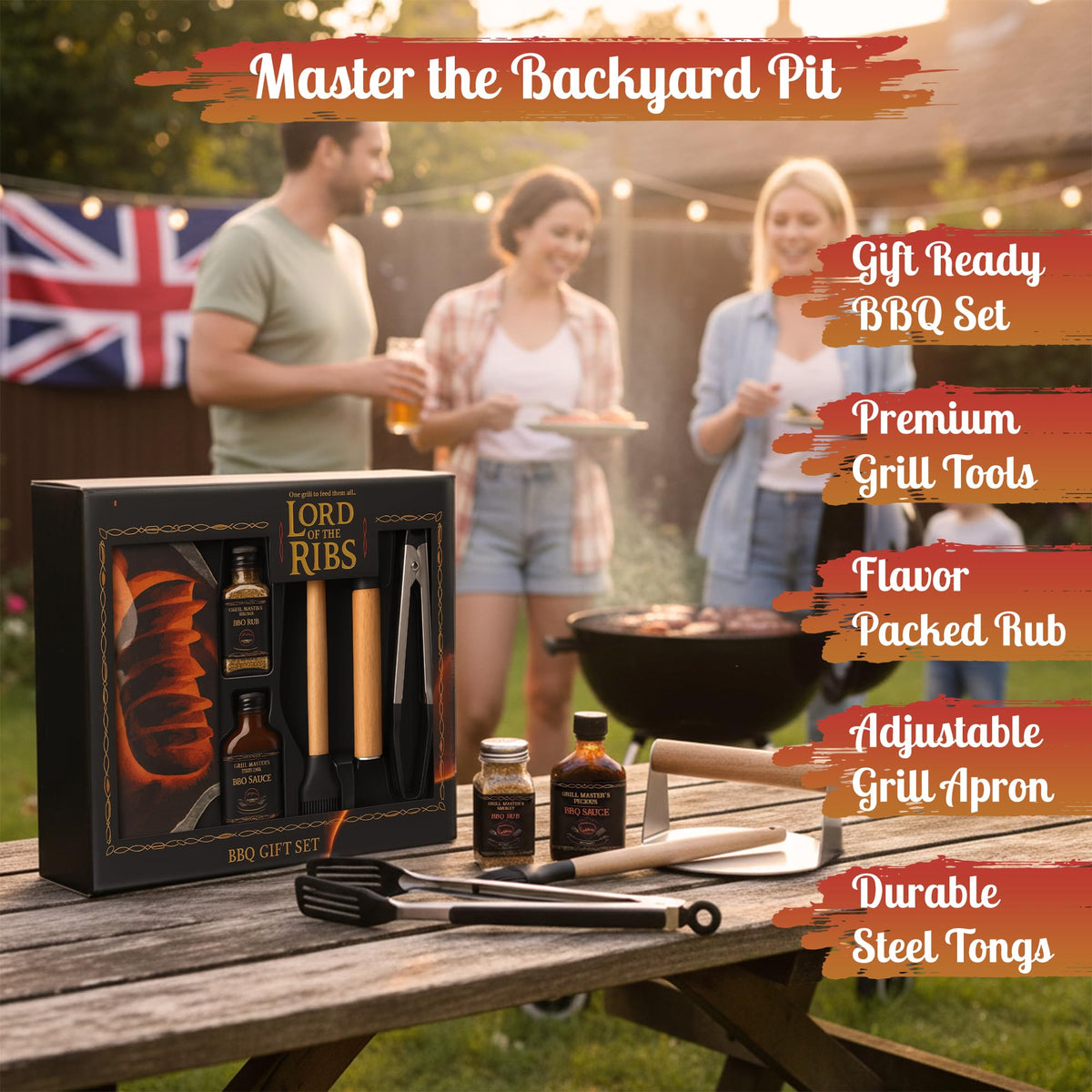 Lord of the Ribs BBQ Gift Set - Premium Grill Tools, Rub & Sauce Set with Apron
