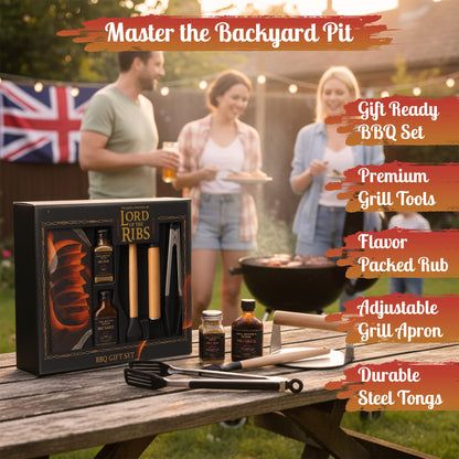 Lord of the Ribs BBQ Gift Set - Premium Grill Tools, Rub & Sauce Set with Apron