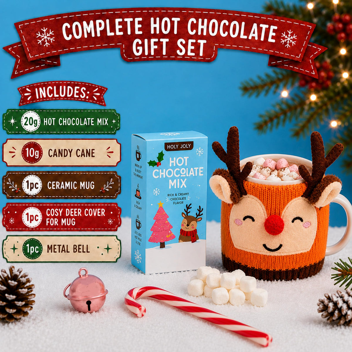 Deer Cosy Mug & Hot Chocolate Gift Set - Ceramic Mug with Cosy Deer Cover & more