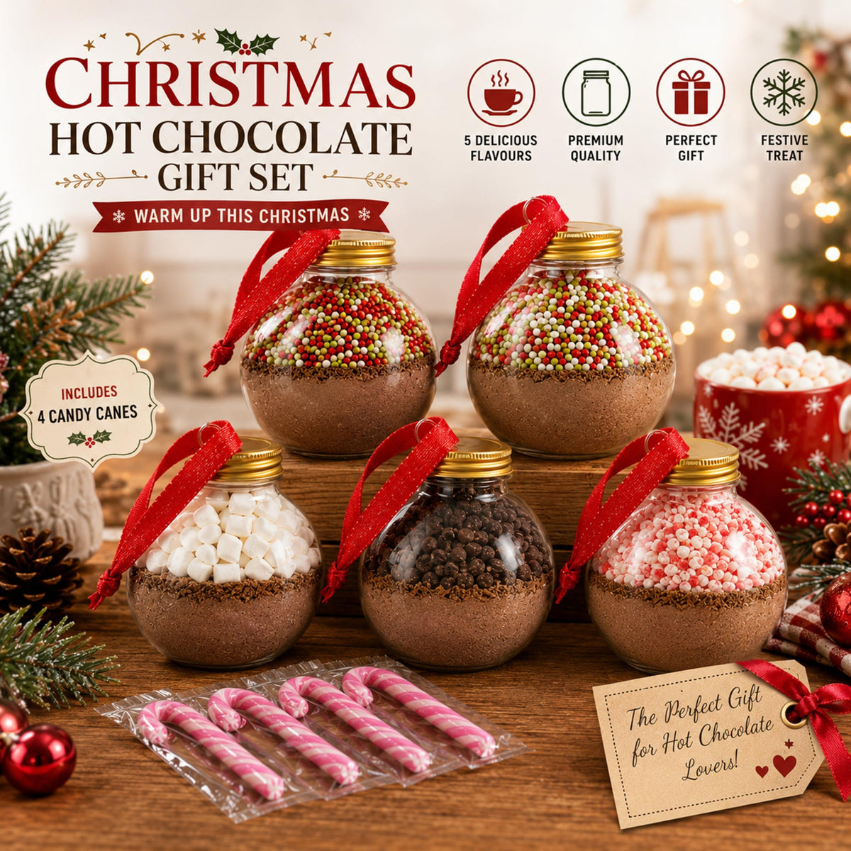 Hot Chocolate Gift Set for Christmas – Christmas Tree Design 5 Festive Cocoa Mix Baubles with Marshmallows & more