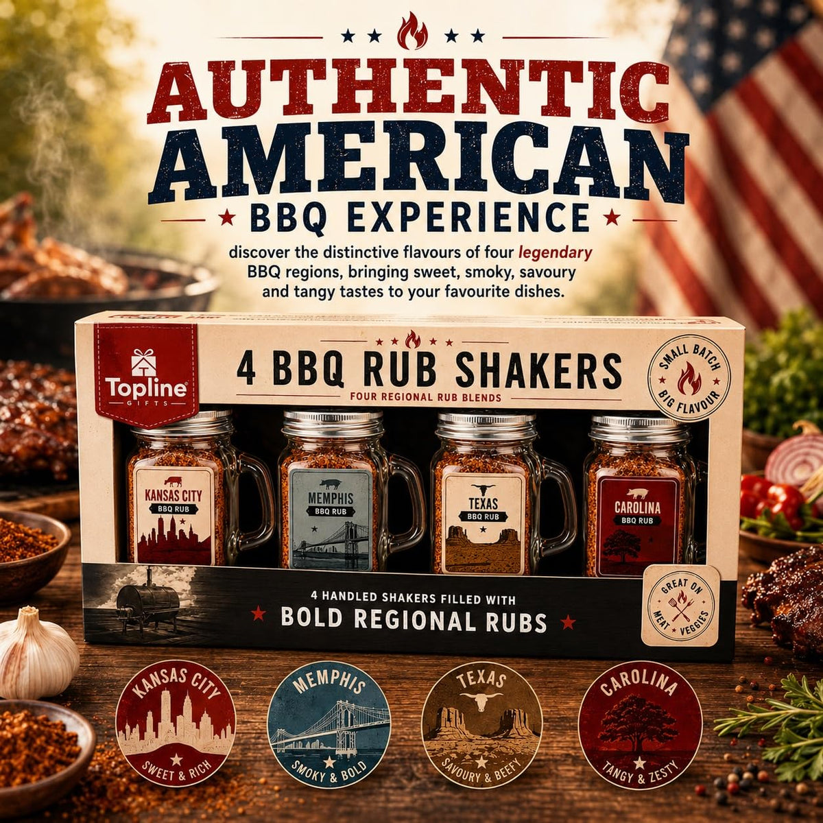 BBQ Rub Gift Set for Mens Gifts - 4 Premium American Style BBQ Seasonings with Glass Shakers