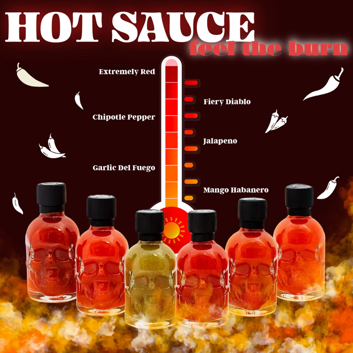 Hot Sauce Gift Set for Mens Gifts - Chilli Skull Spicy Sauce Heat Pack of 6 Different Flavour Sauce Bottle Gift