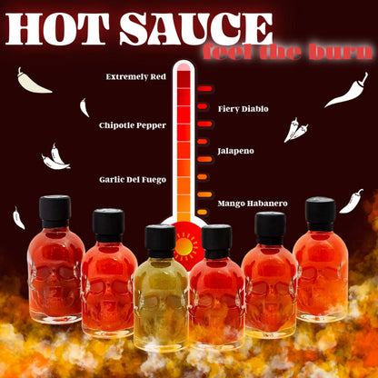 Hot Sauce Gift Set for Mens Gifts - Chilli Skull Spicy Sauce Heat Pack of 6 Different Flavour Sauce Bottle Gift