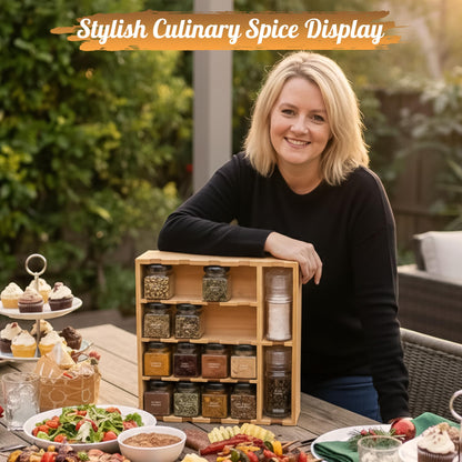 Bamboo Spice Rack Organizer with Glass Jars, Grinders & Spices Included