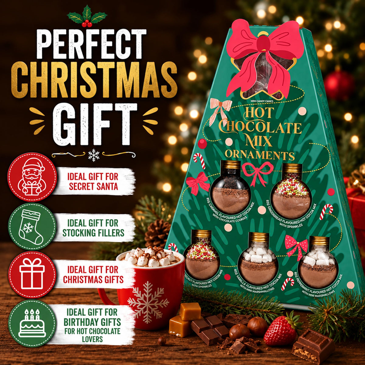 Hot Chocolate Gift Set for Christmas – Christmas Tree Design 5 Festive Cocoa Mix Baubles with Marshmallows & more