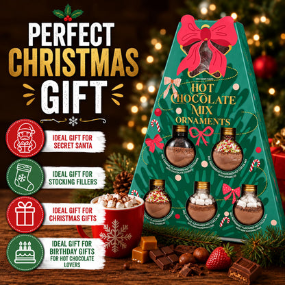 Hot Chocolate Gift Set for Christmas – Christmas Tree Design 5 Festive Cocoa Mix Baubles with Marshmallows & more
