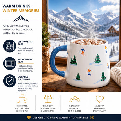 Topline Cozy Skiing Gift Set for Men - Ski Red Knitted Beanie Hat, Ceramic Mug, Cozy Socks & 20g Double Hot Chocolate Mix