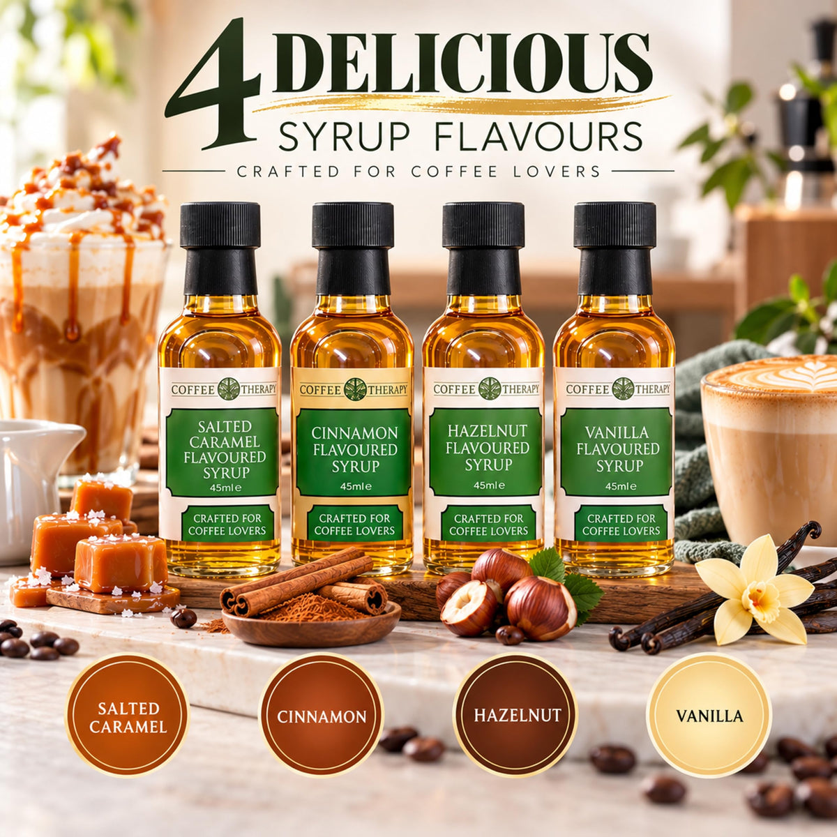Coffee Therapy Coffee Syrup Gift Set – 4 x 45ml Flavored Coffee Syrups