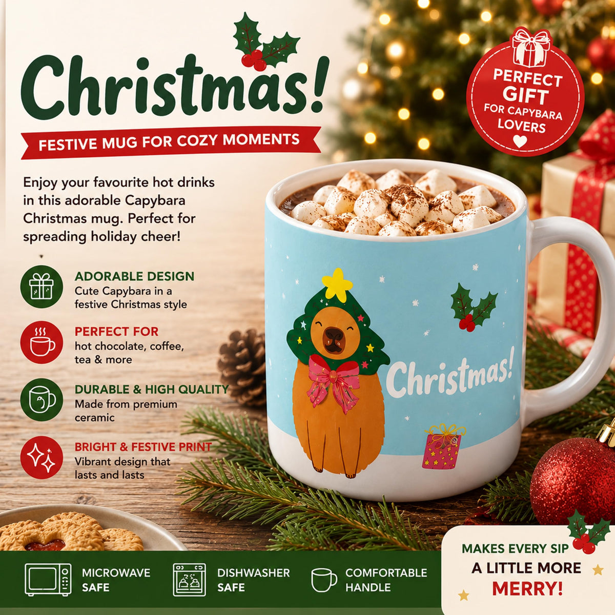 Capybara Christmas Gift Set for Kids - Ceramic Capybara Mug with Soft Plush Toy, 30g Jelly Beans & more