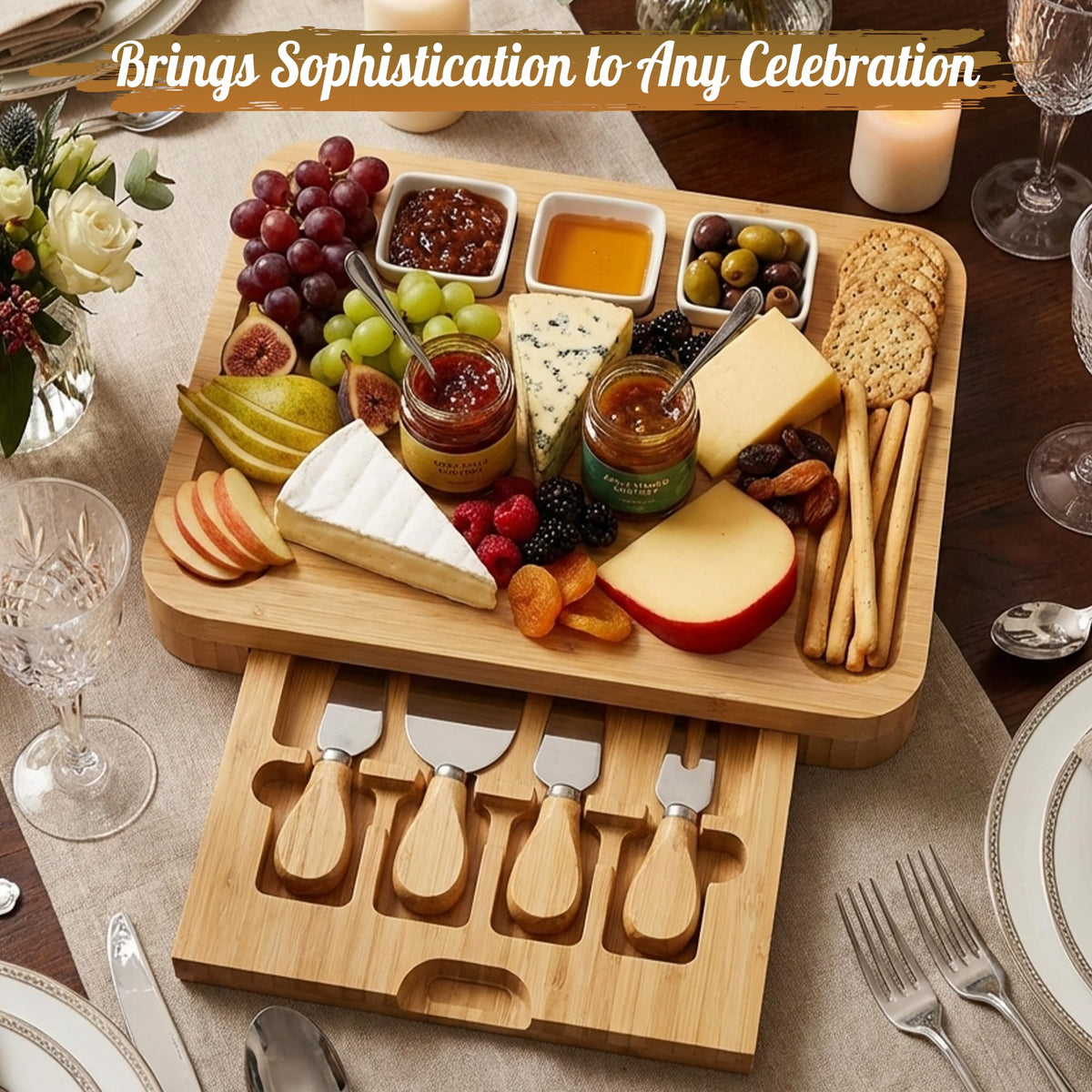 Cheese Board Serving Gift Set with Chilli Lime 38g & Apple Mango 38g Chutneys, Cheeseboard & Dipping Bowls