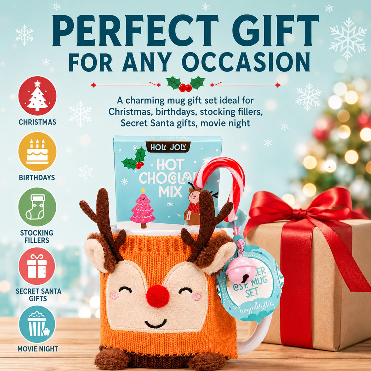 Deer Cosy Mug & Hot Chocolate Gift Set - Ceramic Mug with Cosy Deer Cover & more
