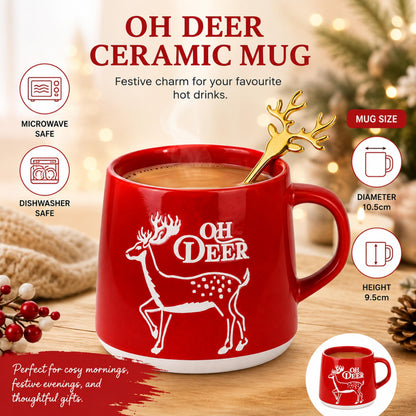 Coffee & Mug Gift Set for Christmas - Ceramic Red Reindeer Mug, Vanilla Coffee Mix 20g & Golden Spoon