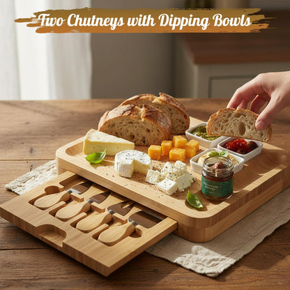 Cheese Board Serving Gift Set with Chilli Lime 38g & Apple Mango 38g Chutneys, Cheeseboard & Dipping Bowls