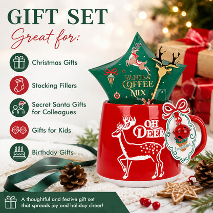 Coffee & Mug Gift Set for Christmas - Ceramic Red Reindeer Mug, Vanilla Coffee Mix 20g & Golden Spoon