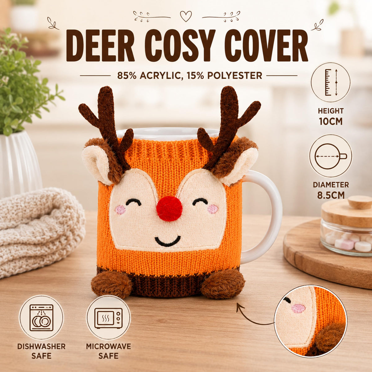 Deer Cosy Mug & Hot Chocolate Gift Set - Ceramic Mug with Cosy Deer Cover & more