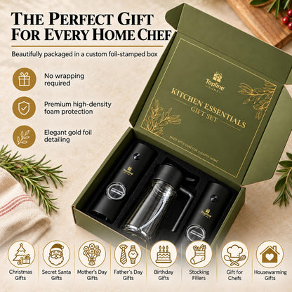 Kitchen Essentials Gift Set for Gifts – Reusable Electric Salt & Pepper Grinders with Sea Salt & Black Pepper, Glass Olive Oil Spray Bottle