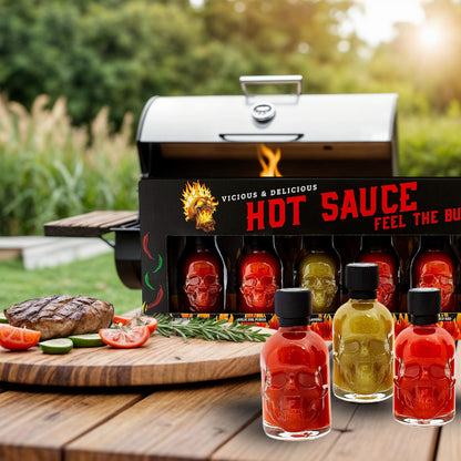 Hot Sauce Gift Set for Mens Gifts - Chilli Skull Spicy Sauce Heat Pack of 6 Different Flavour Sauce Bottle Gift