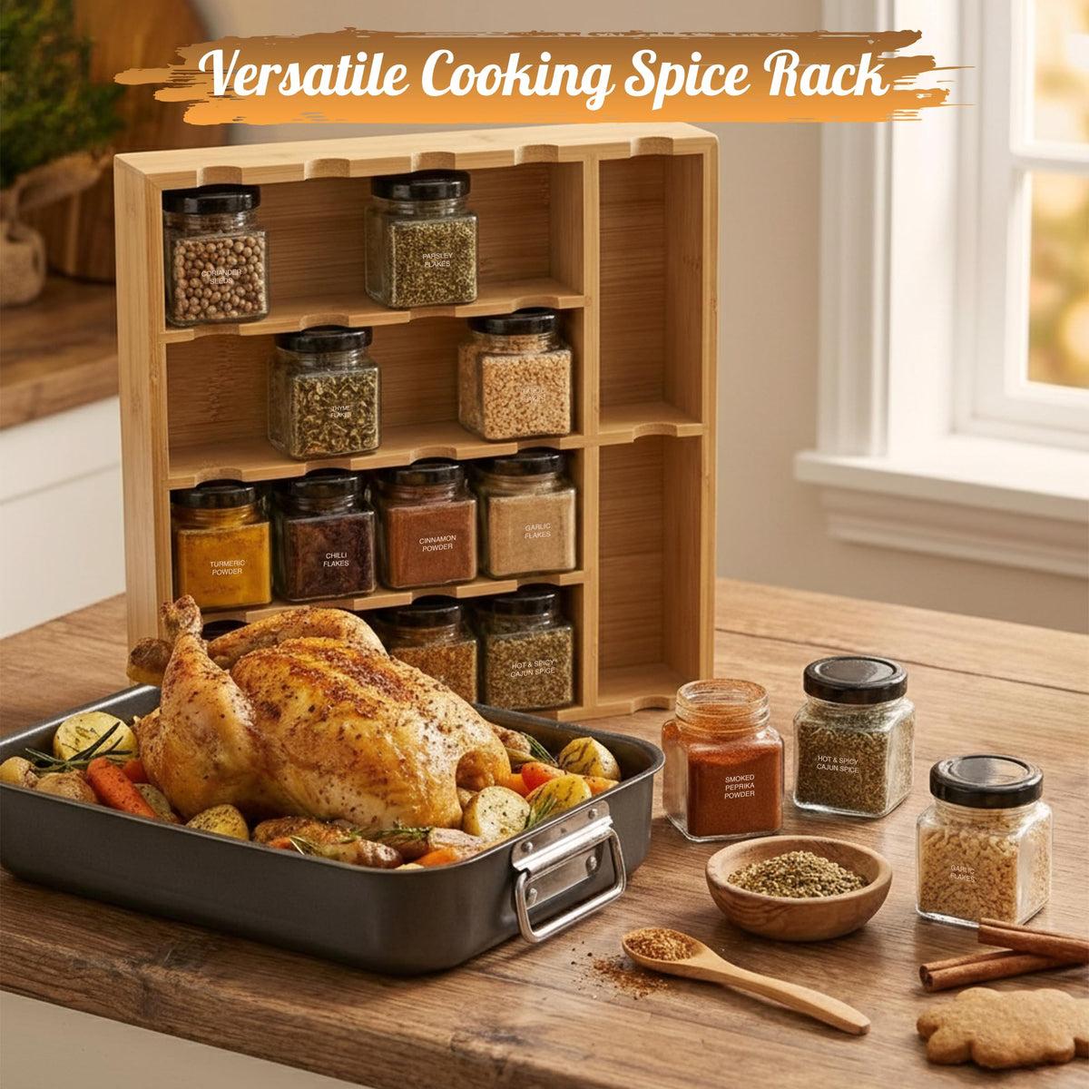 Bamboo Spice Rack Organizer with Glass Jars, Grinders & Spices Included