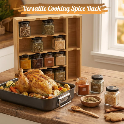 Bamboo Spice Rack Organizer with Glass Jars, Grinders & Spices Included