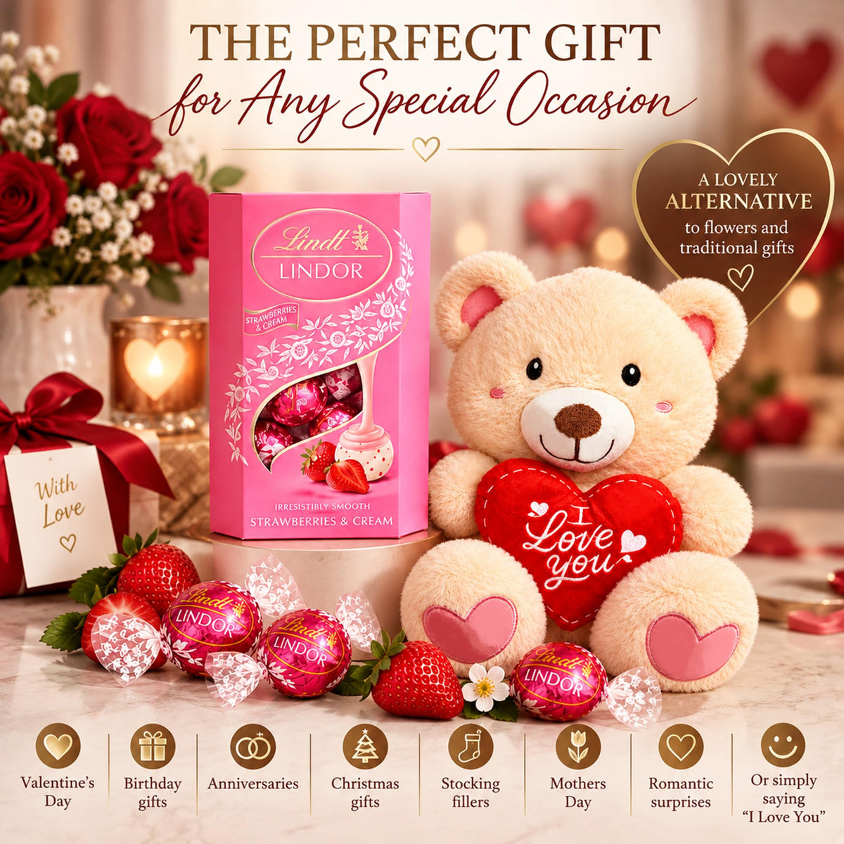 Lindt Chocolates & Teddy Hamper - Strawberry & Cream Truffles 200g + Teddy Bear