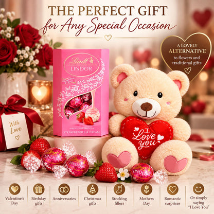 Lindt Chocolates & Teddy Hamper - Strawberry & Cream Truffles 200g + Teddy Bear