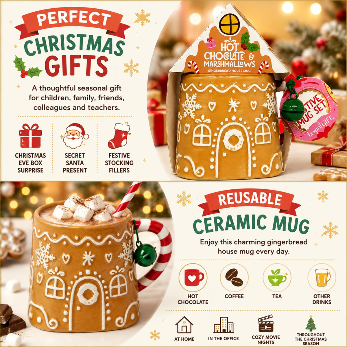 Gingerbread House Mug Hot Chocolate & Marshmallows Gift Set - Mug with 20g Cocoa Drink Mix & 12g Marshmallows