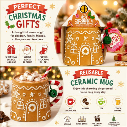 Gingerbread House Mug Hot Chocolate & Marshmallows Gift Set - Mug with 20g Cocoa Drink Mix & 12g Marshmallows