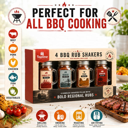 BBQ Rub Gift Set for Mens Gifts - 4 Premium American Style BBQ Seasonings with Glass Shakers